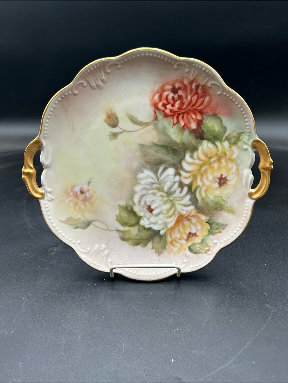 Hand painted double handled Floral Porcelain Serving Plate - Pink, White, Yellow